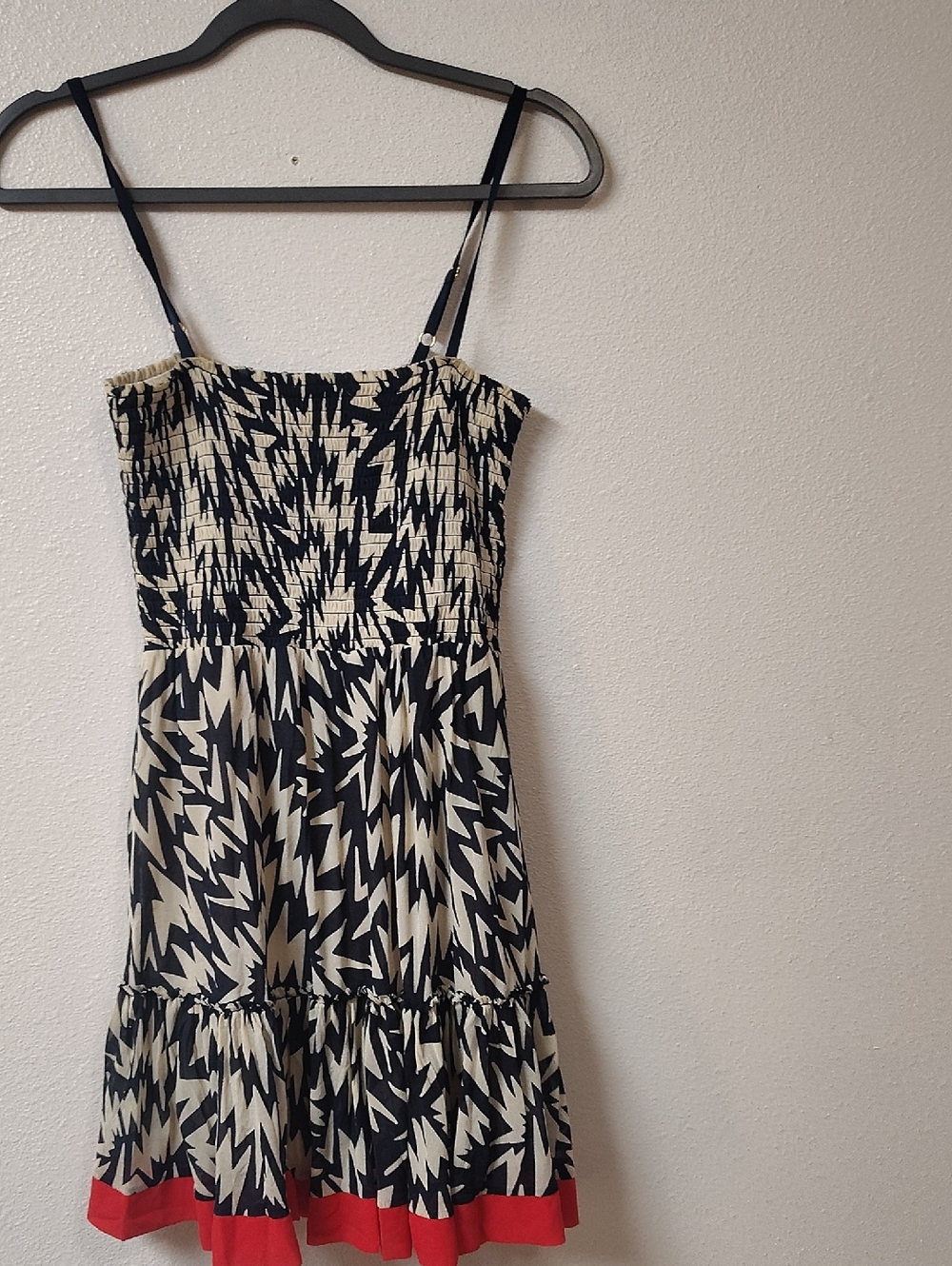 Juicy Couture Smocked Geometric Zigzag Mini Dress Cream Navy‎ Red Small